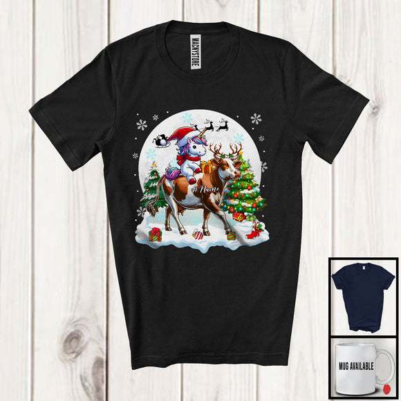 MacnyStore - Personalized Santa Unicorn Riding Cow Reindeer; Awesome Christmas Custom Name Cow T-Shirt