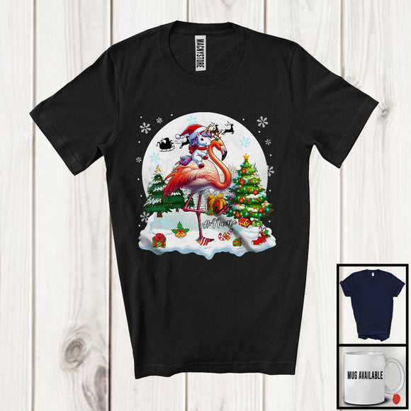 MacnyStore - Personalized Santa Unicorn Riding Flamingo Reindeer; Awesome Christmas Custom Name Flamingo T-Shirt