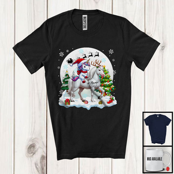 MacnyStore - Personalized Santa Unicorn Riding Horse Reindeer; Awesome Christmas Custom Name Horse T-Shirt