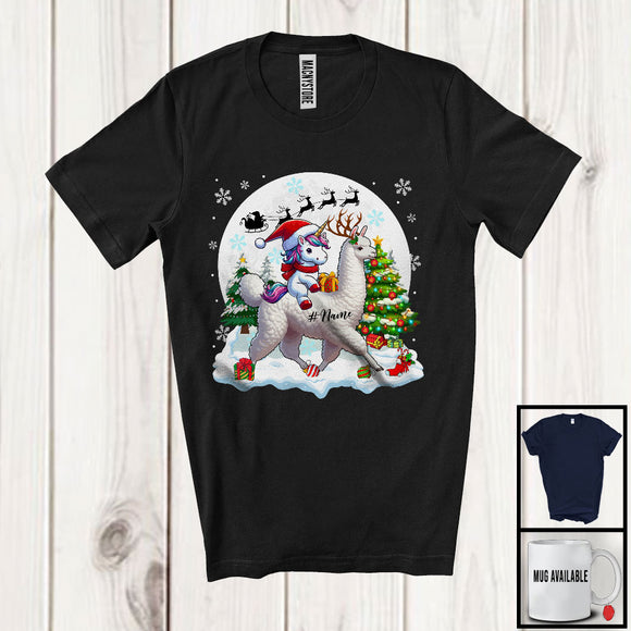 MacnyStore - Personalized Santa Unicorn Riding Llama Reindeer; Awesome Christmas Custom Name Llama T-Shirt