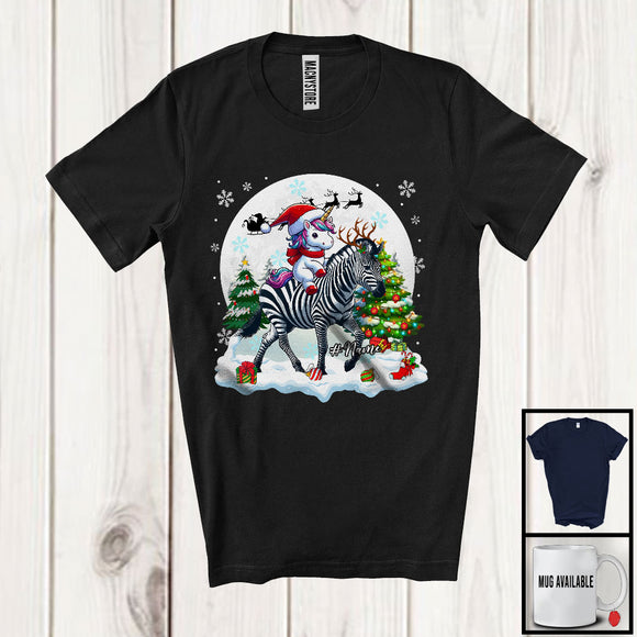 MacnyStore - Personalized Santa Unicorn Riding Zebra Reindeer; Awesome Christmas Custom Name Zebra T-Shirt