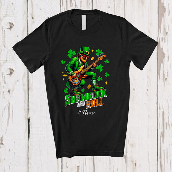 MacnyStore - Personalized Shamrock And Roll; Joyful St. Patrick's Day Custom Name Leprechaun Playing Guitar T-Shirt