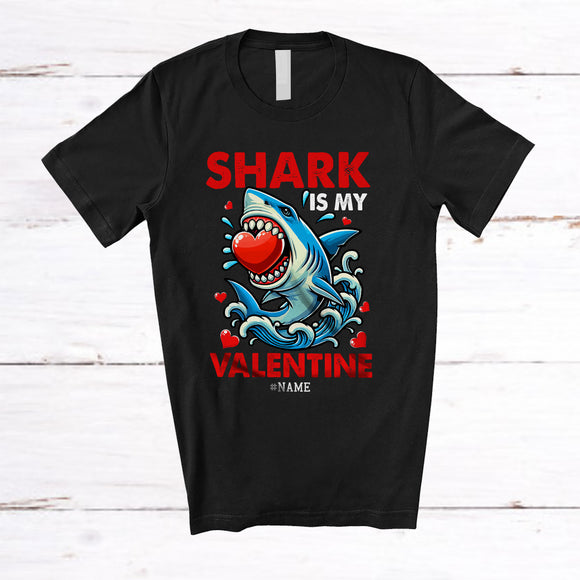 MacnyStore - Personalized Shark Is My Valentine; Adorable Shark With Hearts; Custom Name Men Single T-Shirt