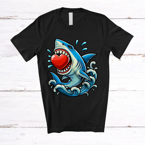 MacnyStore - Personalized Shark With Hearts; Adorable Valentine Hearts T-Rex; Custom Name Men Single T-Shirt