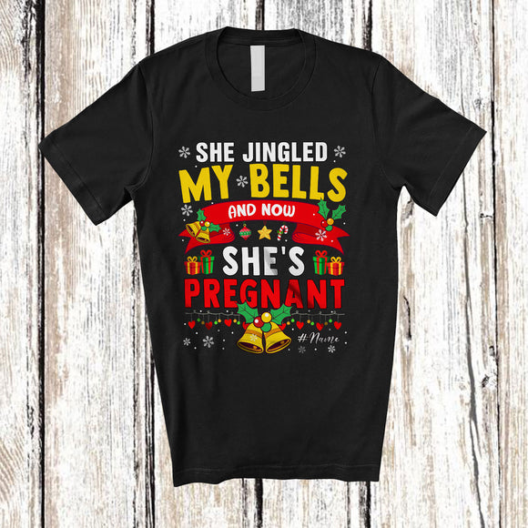 MacnyStore - Personalized She Jingled His Bells Now I'm Pregnant; Amusing Christmas Custom Name Couple T-Shirt