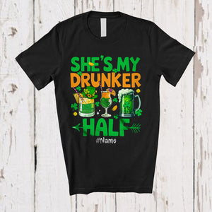 MacnyStore - Personalized She's My Drunker Half; Cheerful St. Patrick's Day Custom Name Drinking; Couple T-Shirt