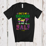 MacnyStore - Personalized She's My Drunker Half; Joyful Mardi Gras Three Glasses Drinking; Custom Name Couple T-Shirt