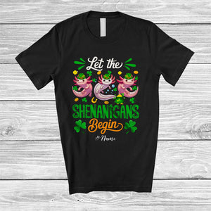 MacnyStore - Personalized Shenanigans Begin; Amusing St. Patrick's Day Custom Name Three Axolotls Leprechaun T-Shirt