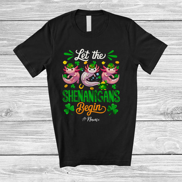 MacnyStore - Personalized Shenanigans Begin; Amusing St. Patrick's Day Custom Name Three Axolotls Leprechaun T-Shirt