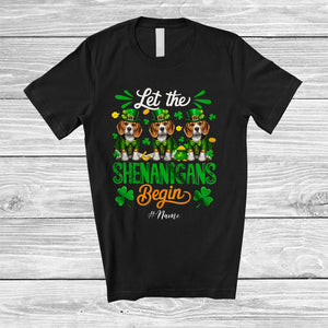 MacnyStore - Personalized Shenanigans Begin; Amusing St. Patrick's Day Custom Name Three Beagles Leprechaun T-Shirt