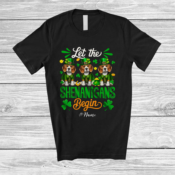 MacnyStore - Personalized Shenanigans Begin; Amusing St. Patrick's Day Custom Name Three Beagles Leprechaun T-Shirt