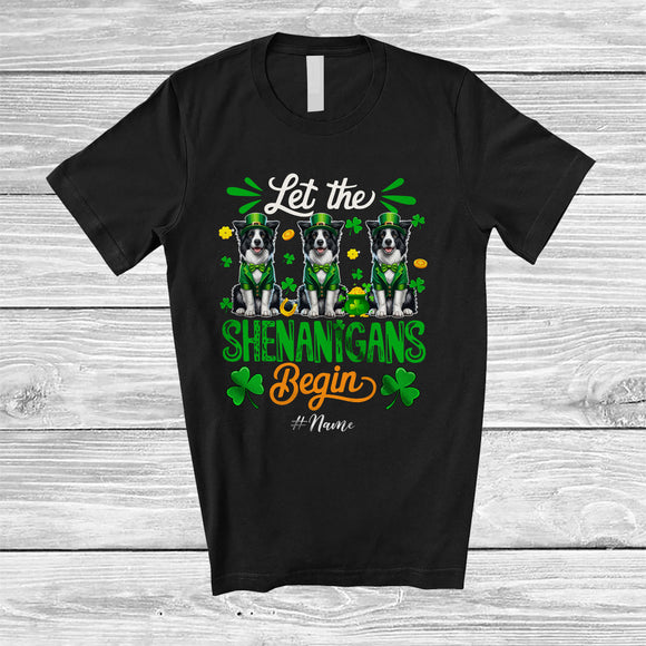 MacnyStore - Personalized Shenanigans Begin; Amusing St. Patrick's Day Custom Name Three Border Collies Leprechaun T-Shirt