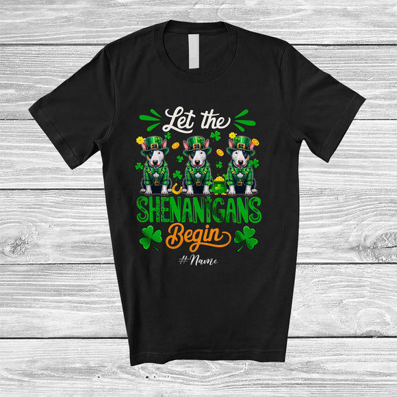 MacnyStore - Personalized Shenanigans Begin; Amusing St. Patrick's Day Custom Name Three Bull Terriers Leprechaun T-Shirt