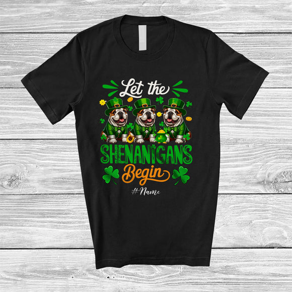 MacnyStore - Personalized Shenanigans Begin; Amusing St. Patrick's Day Custom Name Three Bulldogs Leprechaun T-Shirt