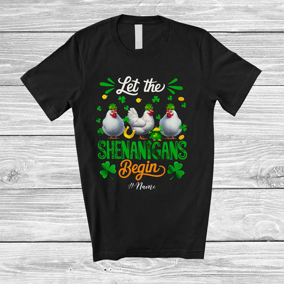 MacnyStore - Personalized Shenanigans Begin; Amusing St. Patrick's Day Custom Name Three Chickens Leprechaun T-Shirt