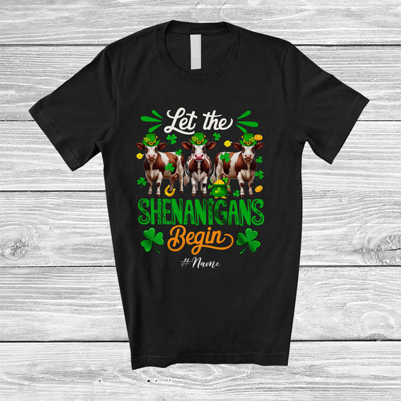 MacnyStore - Personalized Shenanigans Begin; Amusing St. Patrick's Day Custom Name Three Cows Leprechaun T-Shirt