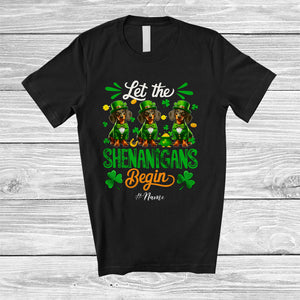 MacnyStore - Personalized Shenanigans Begin; Amusing St. Patrick's Day Custom Name Three Dachshunds Leprechaun T-Shirt