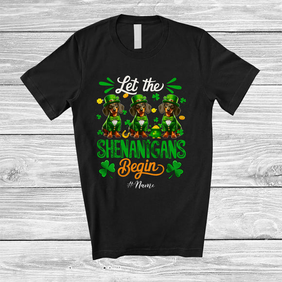 MacnyStore - Personalized Shenanigans Begin; Amusing St. Patrick's Day Custom Name Three Dachshunds Leprechaun T-Shirt