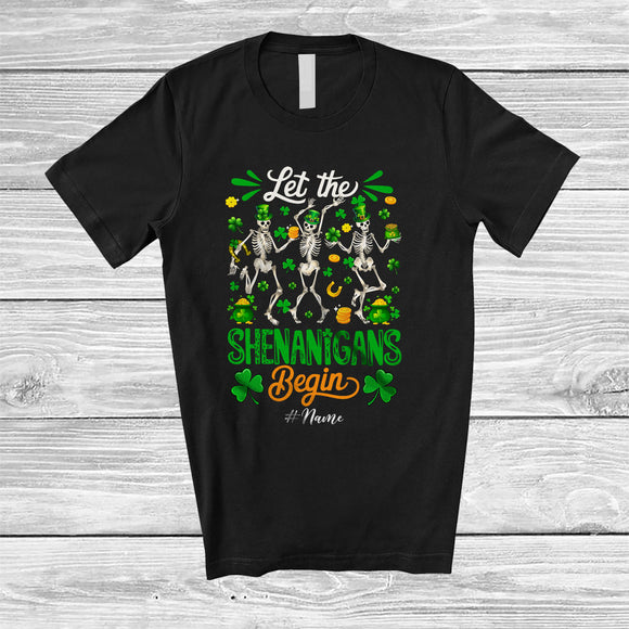 MacnyStore - Personalized Shenanigans Begin; Amusing St. Patrick's Day Custom Name Three Skeletons Leprechaun T-Shirt