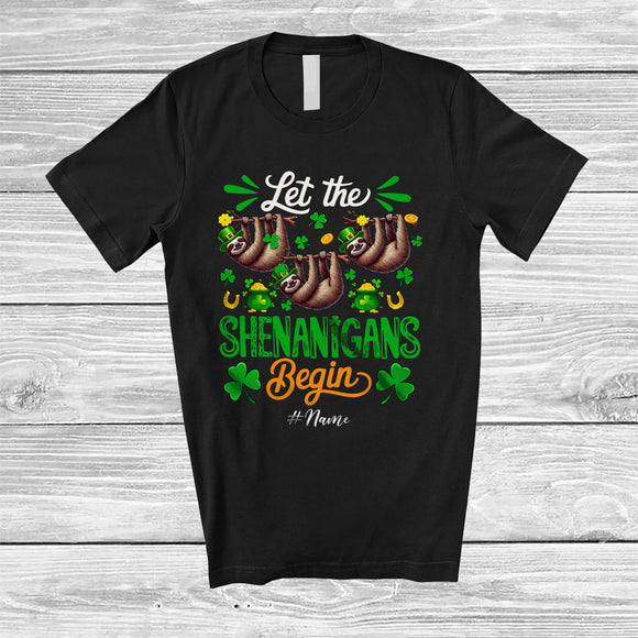 MacnyStore - Personalized Shenanigans Begin; Amusing St. Patrick's Day Custom Name Three Sloths Leprechaun T-Shirt