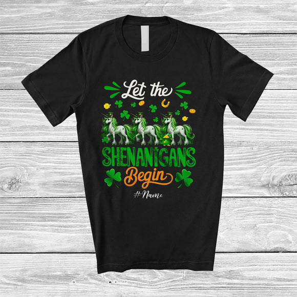 MacnyStore - Personalized Shenanigans Begin; Amusing St. Patrick's Day Custom Name Three Unicorns Leprechaun T-Shirt