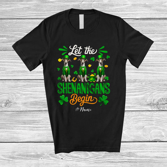 MacnyStore - Personalized Shenanigans Begin; Amusing St. Patrick's Day Custom Name Three Whippets Leprechaun T-Shirt