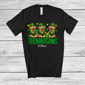 MacnyStore - Personalized Shenanigans; Amusing St. Patrick's Day Custom Name Three Golden Retrievers Leprechaun T-Shirt