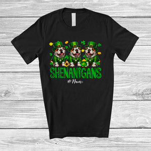 MacnyStore - Personalized Shenanigans; Amusing St. Patrick's Day Custom Name Three Irish Bulldogs Leprechaun T-Shirt