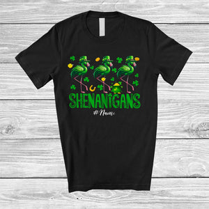 MacnyStore - Personalized Shenanigans; Amusing St. Patrick's Day Custom Name Three Irish Flamingos Leprechaun T-Shirt