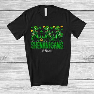 MacnyStore - Personalized Shenanigans; Amusing St. Patrick's Day Custom Name Three Irish T-Rexes Leprechaun T-Shirt