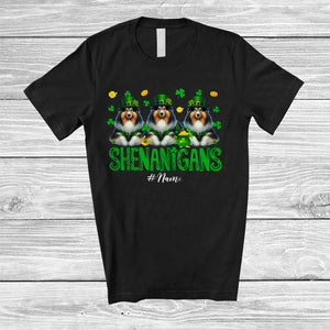 MacnyStore - Personalized Shenanigans; Amusing St. Patrick's Day Custom Name Three Shetland Sheepdogs Leprechaun T-Shirt