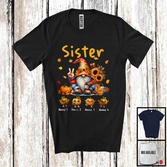 MacnyStore - Personalized Sister; Lovely Thanksgiving Custom Name Gnome; Pumpkins Sunflowers Family T-Shirt