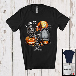 MacnyStore - Personalized Skeleton Drinking Beer On Pumpkin; Horror Halloween Custom Name Drunker T-Shirt