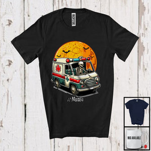 MacnyStore - Personalized Skeleton Driving Ambulance, Scary Halloween Custom Name Ambulance Driver T-Shirt