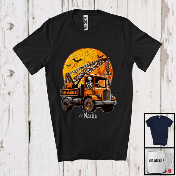 MacnyStore - Personalized Skeleton Driving Crane Truck, Scary Halloween Custom Name Crane Truck Driver T-Shirt