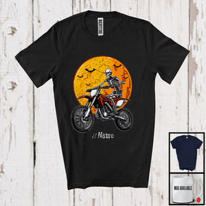 MacnyStore - Personalized Skeleton Driving Dirt Bike, Scary Halloween Custom Name Dirt Bike Biker Lover T-Shirt