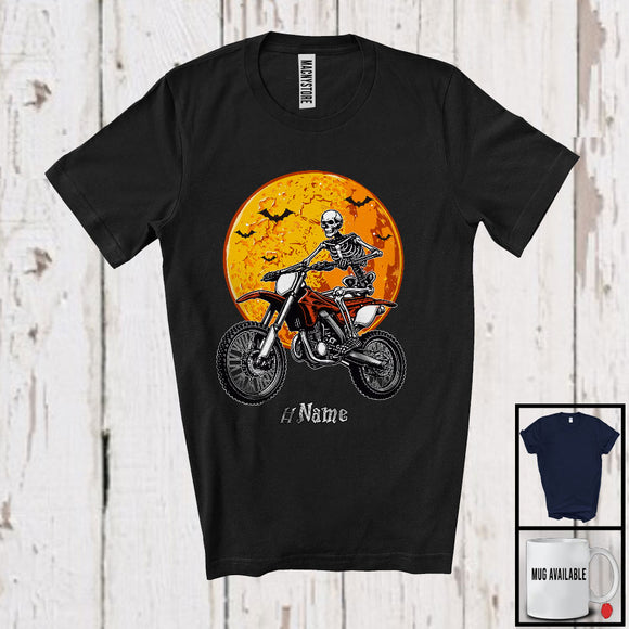 MacnyStore - Personalized Skeleton Driving Dirt Bike, Scary Halloween Custom Name Dirt Bike Biker Lover T-Shirt