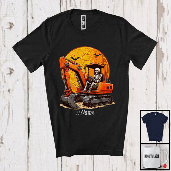 MacnyStore - Personalized Skeleton Driving Excavator, Scary Halloween Custom Name Excavator Driver Lover T-Shirt