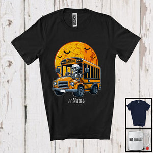 MacnyStore - Personalized Skeleton Driving School Bus, Scary Halloween Custom Name School Bus Driver T-Shirt