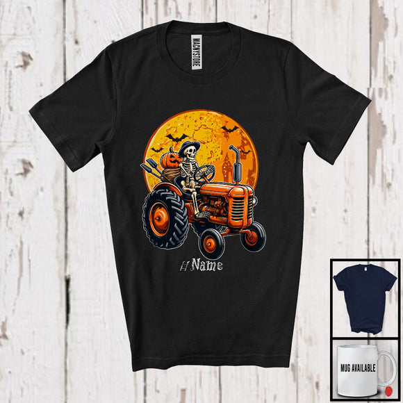 MacnyStore - Personalized Skeleton Driving Tractor, Scary Halloween Custom Name Tractor Driver Farmer Lover T-Shirt