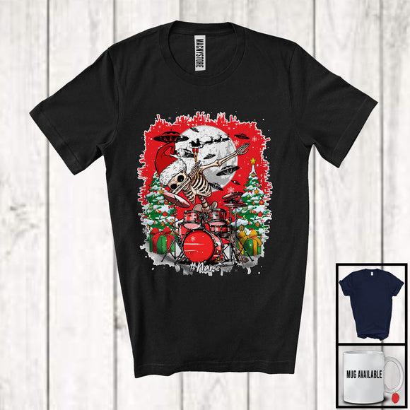 MacnyStore - Personalized Skeleton Playing Drum; Joyful Christmas Dabbing Santa Skeleton; UFO Custom Name T-Shirt