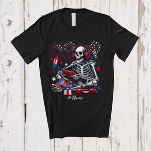 MacnyStore - Personalized Skeleton Playing Game; Fantastic 4th Of July Custom Name Gamer; Patriotic T-Shirt