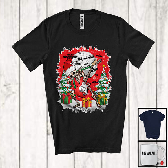 MacnyStore - Personalized Skeleton Playing Guitar; Joyful Christmas Dabbing Santa Skeleton; UFO Custom Name T-Shirt