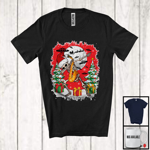 MacnyStore - Personalized Skeleton Playing Saxophone; Joyful Christmas Dabbing Santa Skeleton; UFO Custom Name T-Shirt