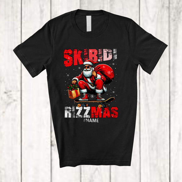 MacnyStore - Personalized Skibidi Rizzmas; Joyful Christmas Custom Name Santa Playing Skating Board; Family T-Shirt