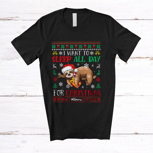 MacnyStore - Personalized Sleep All Day For Christmas; Lovely Custom Name Santa Sloth Lazy Sleepy; Animal Sweater T-Shirt