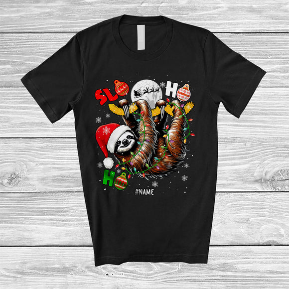 MacnyStore - Personalized Slo 2HO; Awesome Christmas Lights Santa Slow Sloth Animal; Custom Name Family T-Shirt