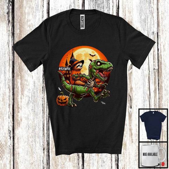 MacnyStore - Personalized Sloth Riding T-Rex Zombie; Horror Halloween Custom Name Dinosaur Lover T-Shirt