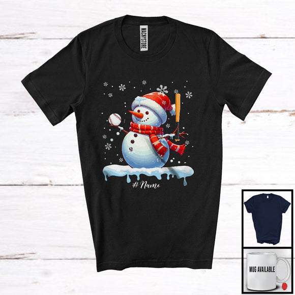 MacnyStore - Personalized Snowman Playing Baseball; Fantastic Christmas Custom Name Baseball Player; Sport T-Shirt