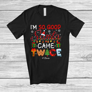 MacnyStore - Personalized So Good Santa Came Twice; Amusing Christmas Plaid; Custom Name Family T-Shirt